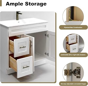 36 White Shaker Bathroom Vanity Base – Ready-to-Assemble Sink Cabinet with Drawers, Freestanding Bathroom Vanity Base Only, No Top or Sink