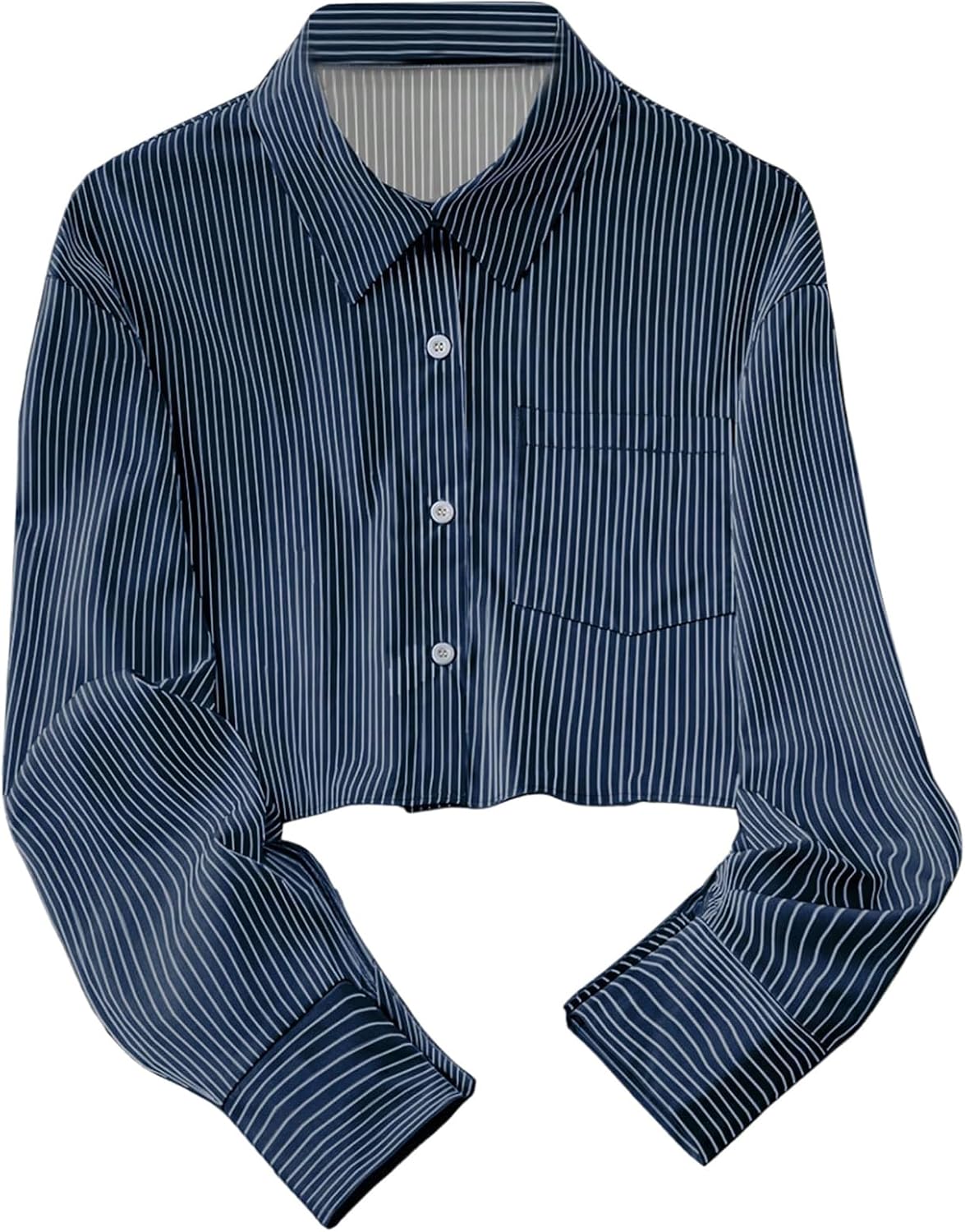 SweatyRocks Women's Striped Button Down Crop Blouse Long Sleeve Collar Shirt Tops with Pocket