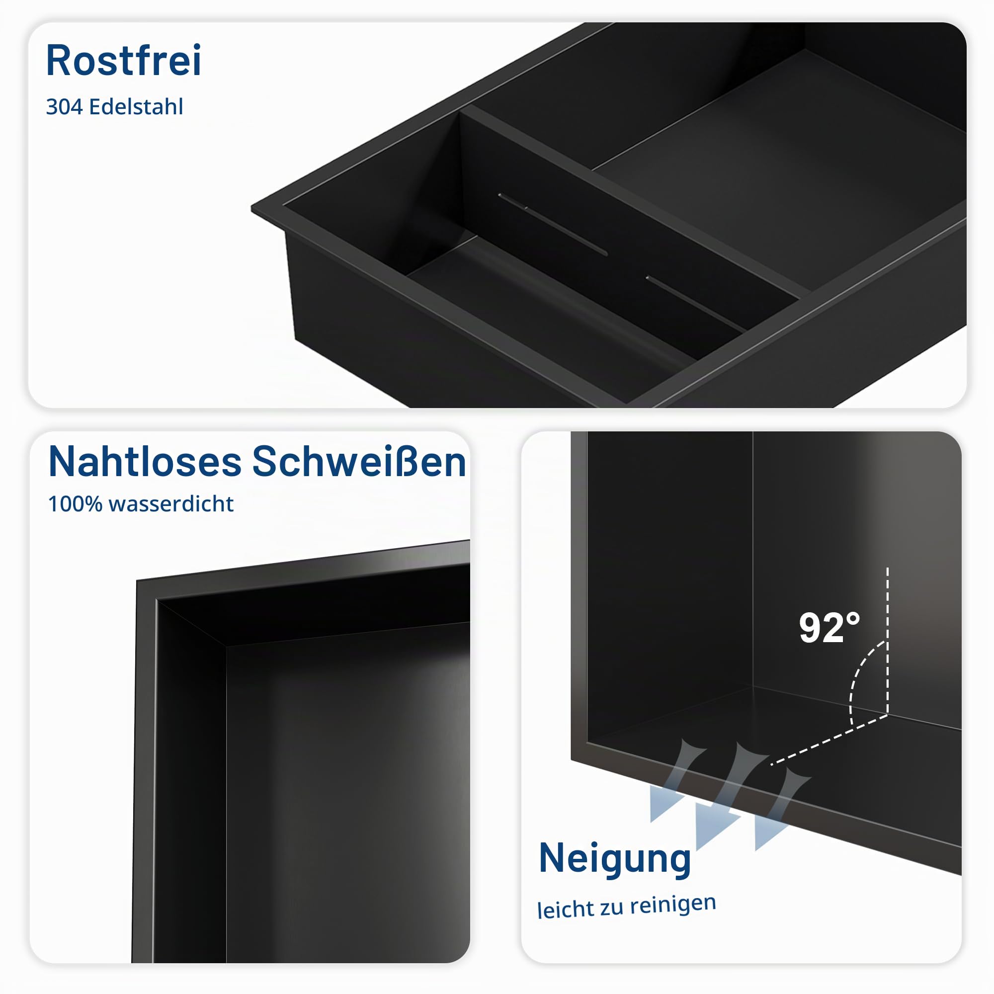 Neodrain Wandnische Dusche Edelstahl Duschnische Doppelnische Lagerung für Badezimmer 45 x 30, Schwarz