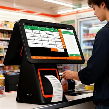 Retail and Restaurant Pos Terminal Machine for Small Business, Cash Register with 15.6 Dual Touch Screen, with 8GB RAM, 128G SSD, Built-in Receipt Printer Black