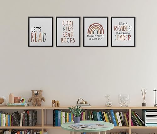 Miniatura 2 de GOXFOC Let's Read - Juego de 4 impresiones artísticas neutras de arco iris, sin marco, a la moda, bohemio, preppy, para niños, leer libros, pósteres