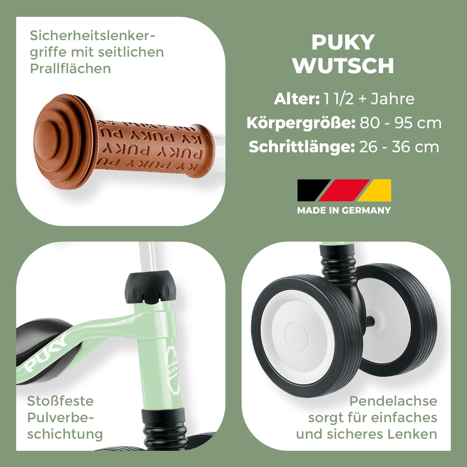 PUKY WUTSCH | Sicheres Rutschfahrzeug | Kinder Laufrad ab 1 Jahr & Lauflernrad ab 1 Jahr | Mit Pendelachse | Sicherheitslenkergriffe | Balance Bike für In- und Outdoor | Farbe Pastell Green