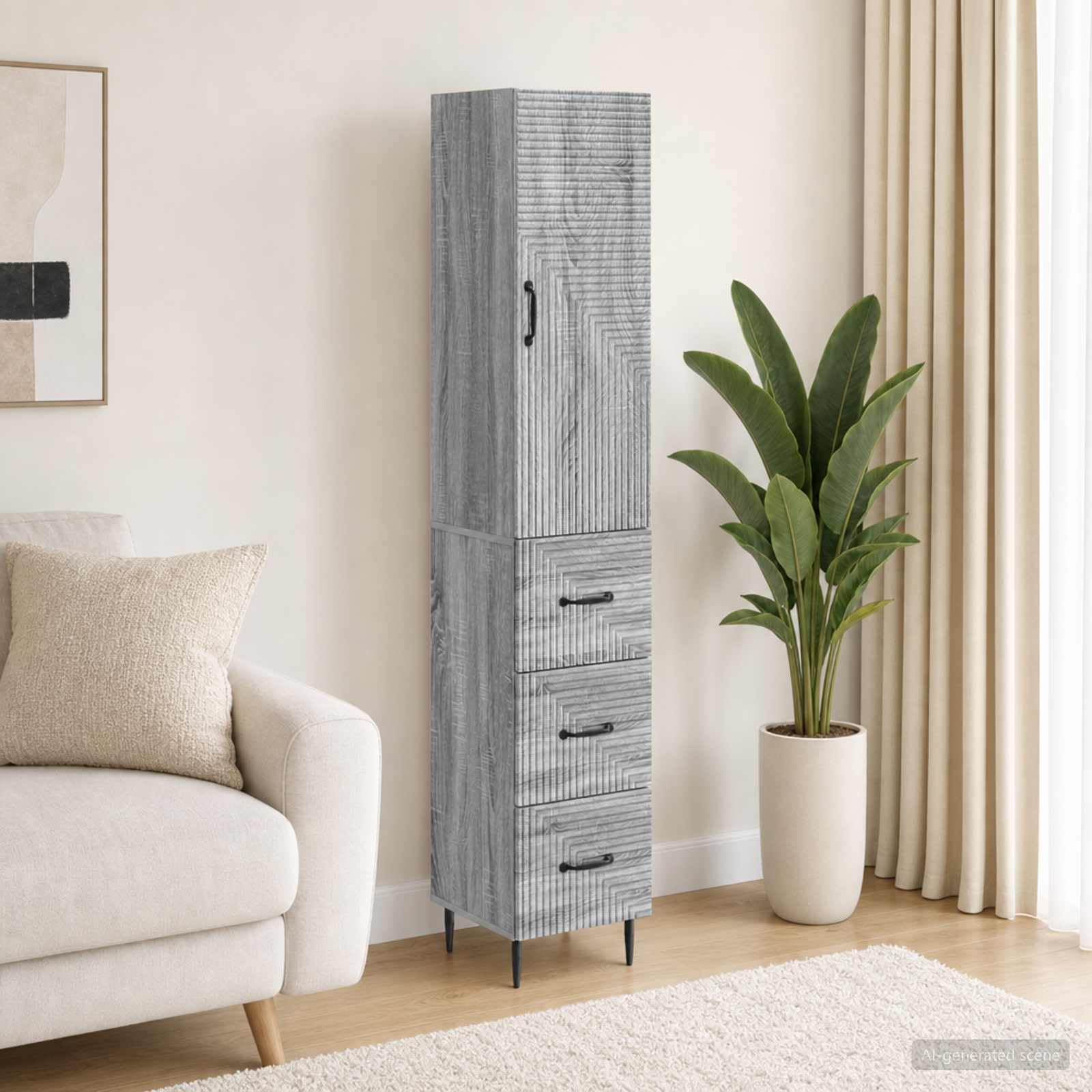 Set di 2 armadi in legno Sonoma grigio, 33 x 34,5 x 90 cm, con cassetti, ante e ripiani, versatile armadio portaoggetti per ufficio, guardaroba, attrezzi, ripiano e spazio