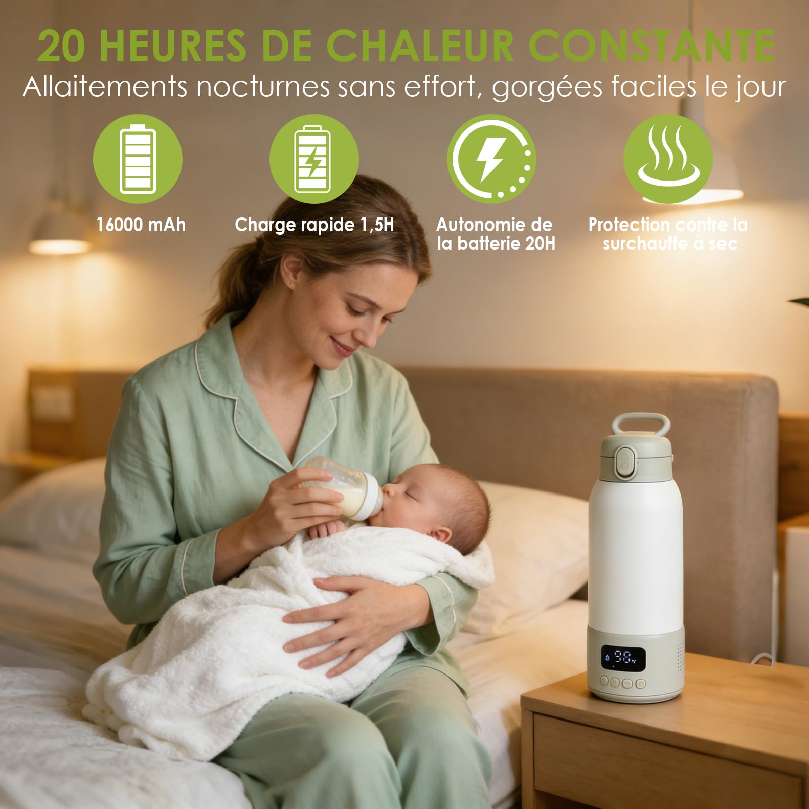 Chauffe Biberon Portable, Chauffe Biberon sans Fil 500ML, Chauffage Rapide, 2 Modes pour Lait Maternel et Eau, Chauffe-biberons USB, pour Voiture, Voyage en Avion