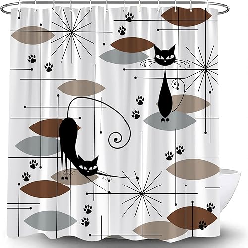 Miniatura 6 de Cortina de ducha moderna de mediados de siglo, gato negro, retro, atómico, negro, abstracto, geométrico, icónico de los años 50 y 60, estética Verde