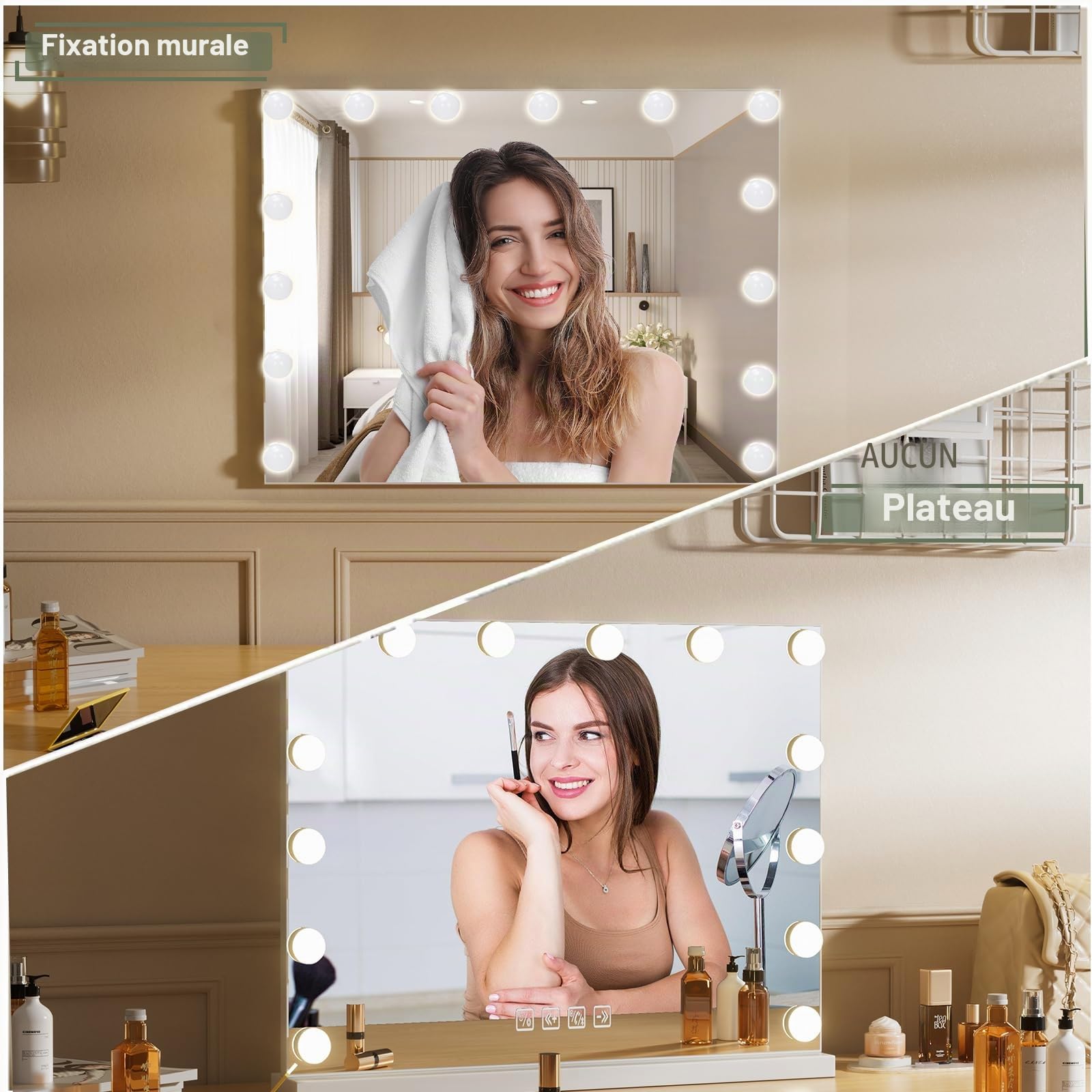 miroir de maquillage avec éclairage LED, 60 x 52 cm, miroir hollywoodien à intensité variable