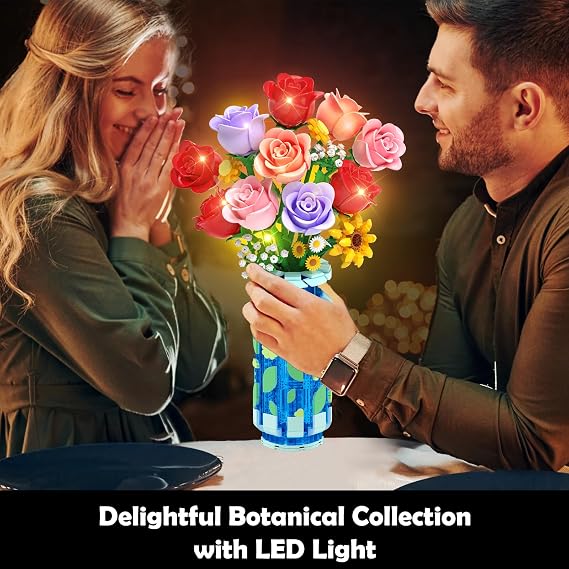 CUBIMANA Roses Flowers Building Set with Vase & LED Light, 16 Mini Flowers Bouquet Botanical Building Blocks Toy, Gifts for Adults Kids, Artificial Flowers for Home Decor & Display