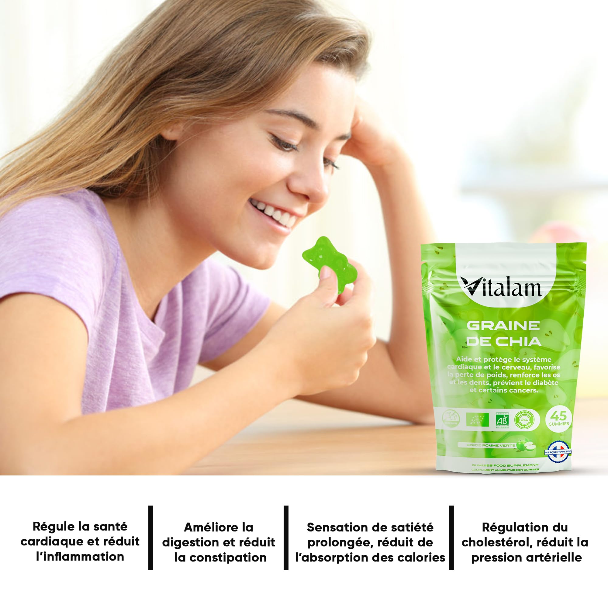 Gummies Graine de chia en sachet, Gummies Chia Minceur & Perte de Poids et de Tour de taille, Source de protéines, fibres et OMEGA 3, Complément alimentaire, Sans Sucre, 45 gummies, Goût Pomme