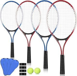 Motionchic 21 Inch Lightweight Kids Tennis Rackets Set - 4 Rackets, 2 Balls, Overgrips & Carry Bags for Beginners Training (Blue/Red)