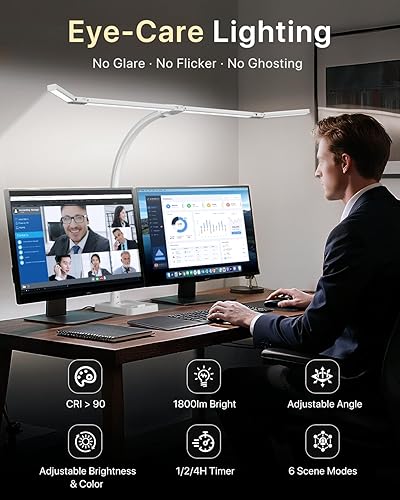 Miniatura 7 de ONEMIX 42" LED Desk Lamp for Home Office, Eye-Caring Desk Light with Adjustable 4-Segment Bar, 1800LM Bright, Remote, Architect Table Lamp with Base