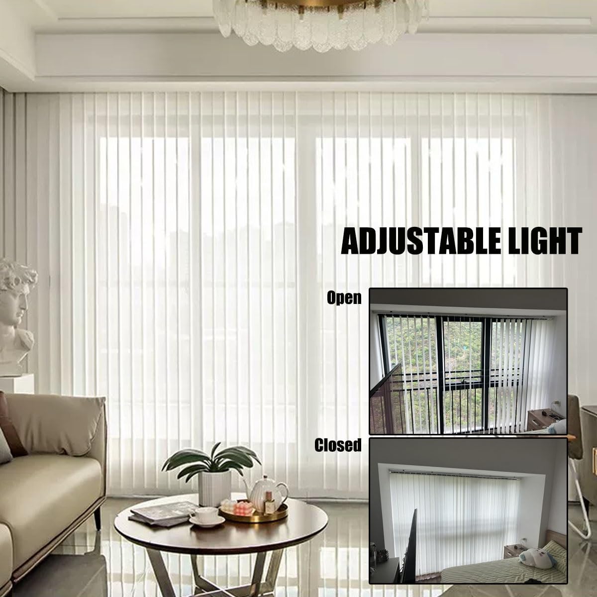 White Vertical Window Blinds for Sliding Glass Doors, Cordless Blackout Patio Door Shades, Easy Install Privacy Vertical Blind Slats for Large Indoor Windows, Living Room(114" W x 58" H)