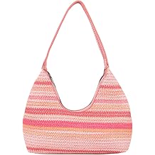 FuninCrea Straw-Textured Shoulder Bag for Women with Zipper, Multicolored Stripes Hobo Shoulder Purse Faux Leather Crescent Bag Half Moon Women's Handbags for Summer