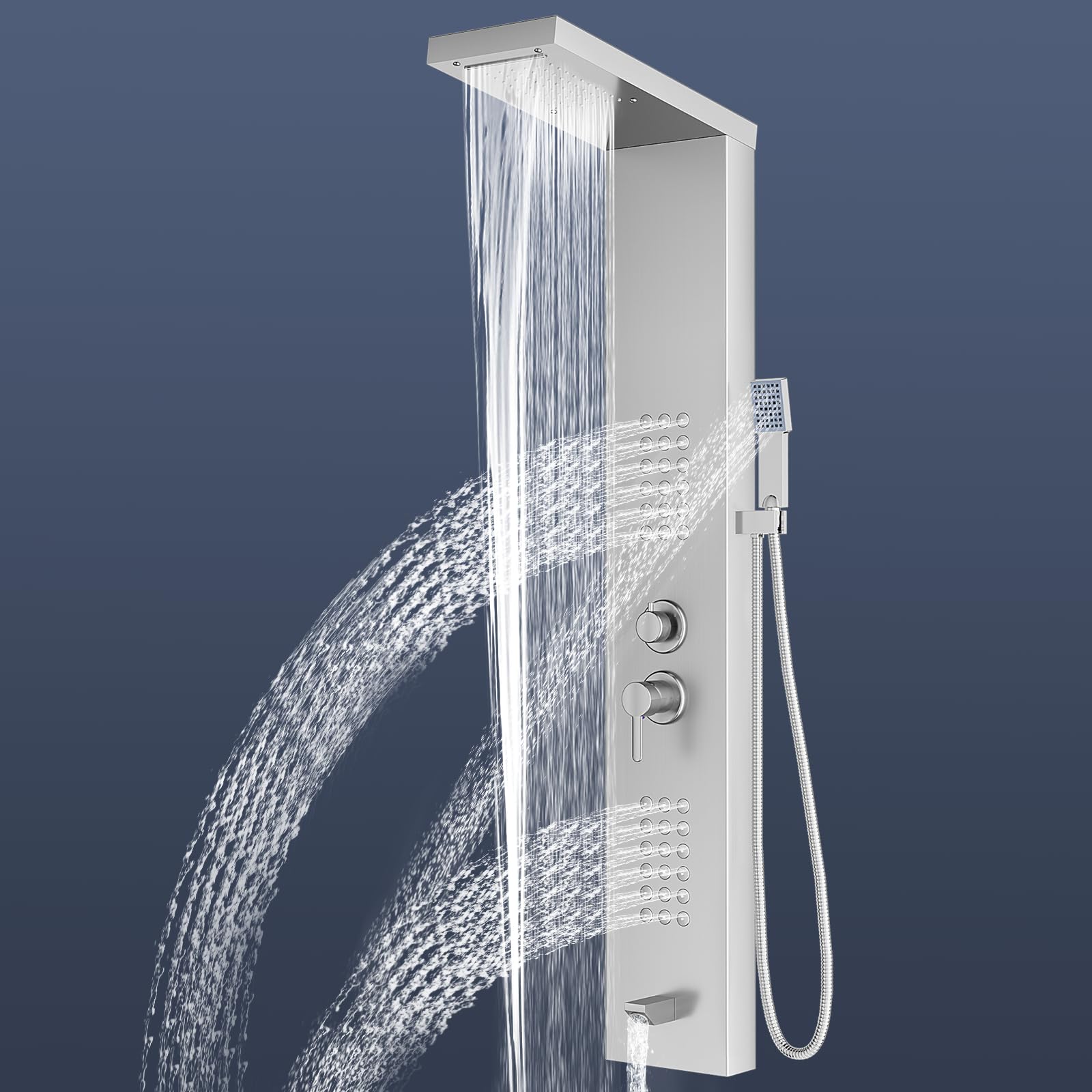 Velpax Silver Stainless Steel Shower Panel,5 In 1 Function Column,Manually Controlled Thermostatic Shower Panel Column Tower With Waterfall Rainfall Shower, Massage Jets, Hand Shower, Tub Spout