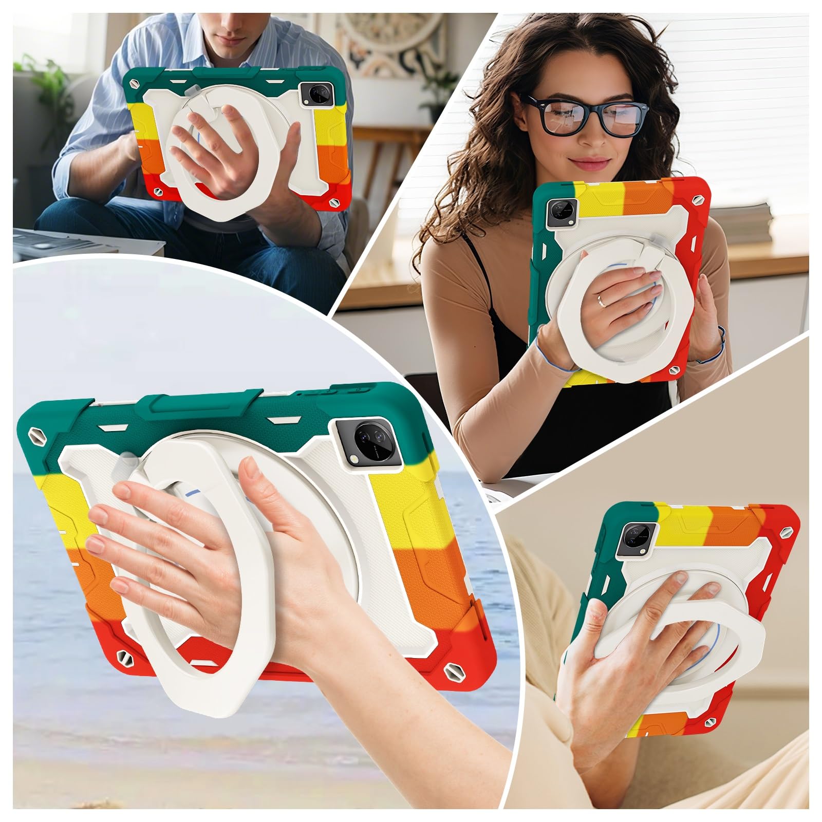 Custodia protettiva resistente per Vivo Pad da 11 pollici, supporto girevole a 360°, tracolla, portapenne e anello per manico, copertura antiurto per bambini e adulti (rosso verde)
