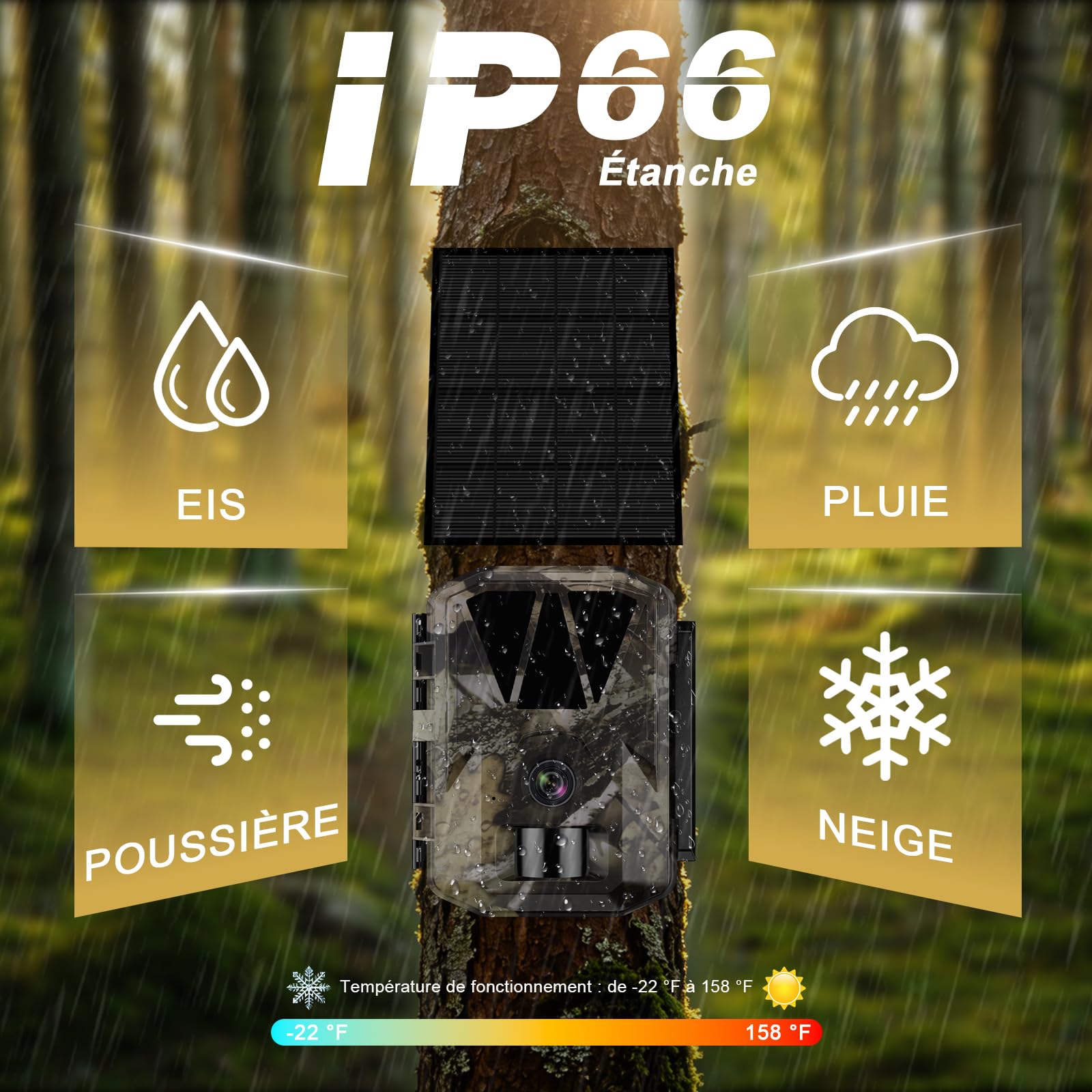 Caméra de Chasse Solaire 5K/64MP WiFi Rechargeable 10000mAh | Vision Nocturne Infrarouge, Grand Angle 120°, Étanche IP66, Carte 32GB Incluse Batterie Rechargeable