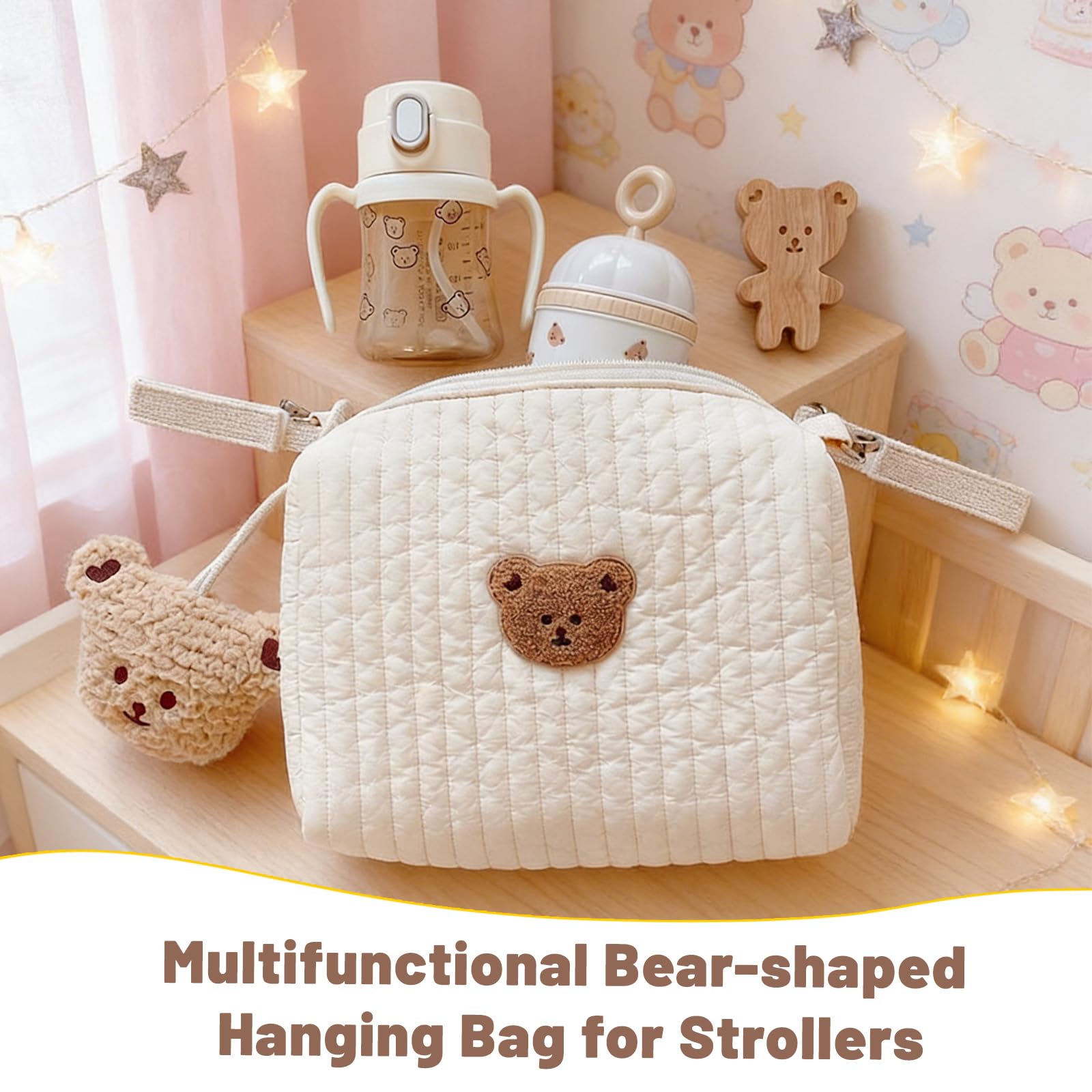 Sac à langer pour les déplacements, organisateur universel pour poussette, broderie ours, sac à langer en coton, mini sac à couches et sac pour poussette avec 2 sangles