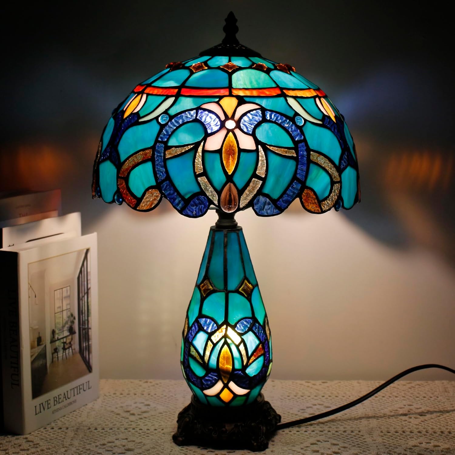 Tiffany Lamp Stained Glass Table Lamp 12X19 Inches Mother Daughter Vase Desk Accent Night Light for Bedroom Bedside Reading Home Antique Style(Green Brown Jewelry)