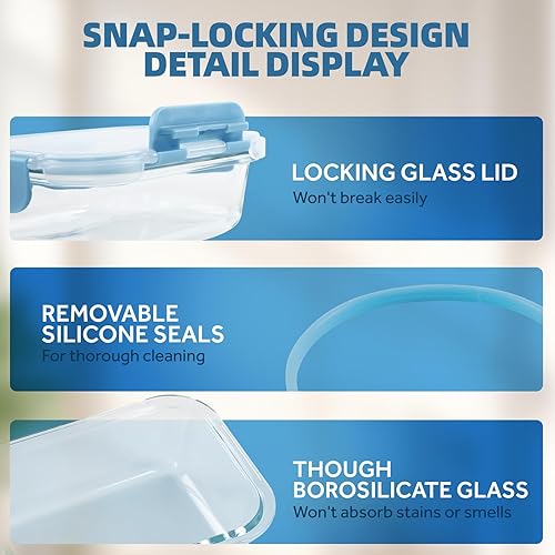 Miniatura 6 de BYLWORKOUT - 24 recipientes de vidrio con tapas, a prueba de fugas, aptos para lavavajillas, para preparación de comidas o sobras (azul)
