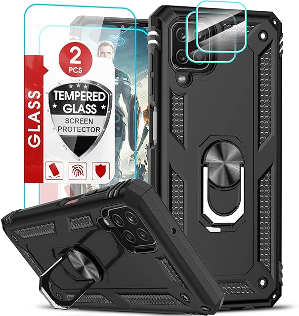 LeYi for Samsung Galaxy A12/M12 Case and 2 Tempered Glass Screen Protector and 2 Lens Camera Protector,Ring Holder Military Protective Shockproof Tough Armor Hard Phone Cover for Samsung A12 Black