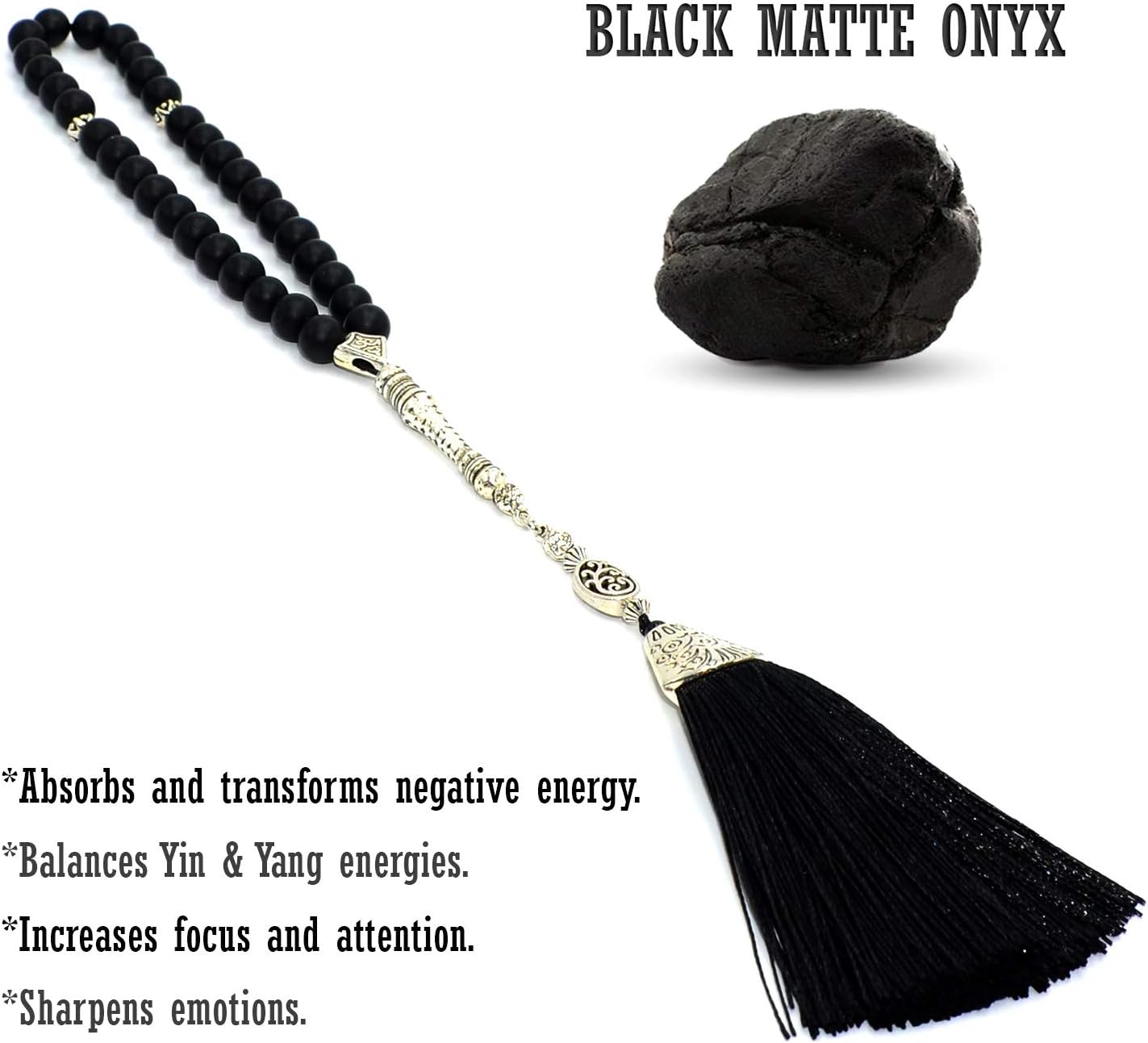 Designed Natural Stone Worry Beads with Silk Tassel (8 mm -33 Beads) - Prayer Beads Tesbih-Tasbih-Tasbeeh-Misbaha-Subha-Sebha-Sibha (Matte Onyx Stone-ADONIS)