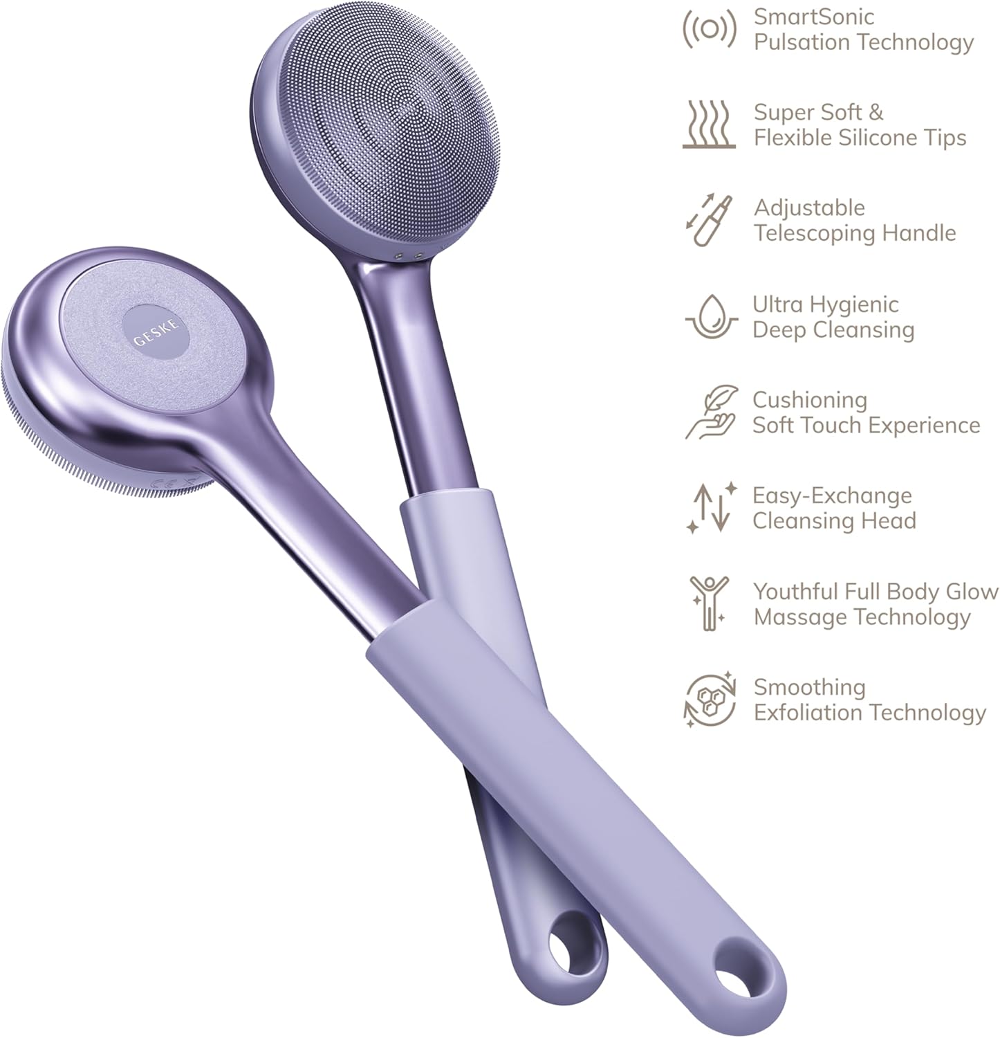 GESKE Sonic Full-Body Brush & Intensive Exfoliator | 8 in 1 | Electric Body Cleansing Brush | With SmartSonic Pulsations | Deep Cleansing, Exfoliation, Massage | Extendable Handle | Rough Skin Remover