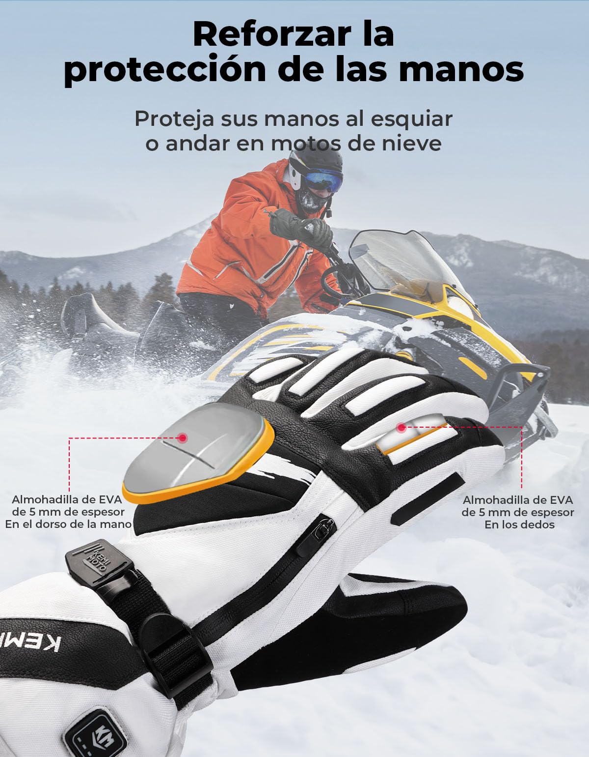 KEMIMOTO Guantes Moto Calefactables, Retención de Calor Desde -20℃ a -5℃, con Protección de Almohadilla EVA, 3 Niveles de Calefacción y 2500mAH, Esquí, Patinaje Actividades de Invierno