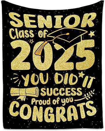 Graduation Blanket - Class of 2025 Graduation Gifts for Her or Him - 40"x50" Flannel Soft Throw Decorations - Senior 2025 Gold Blankets for College, High School