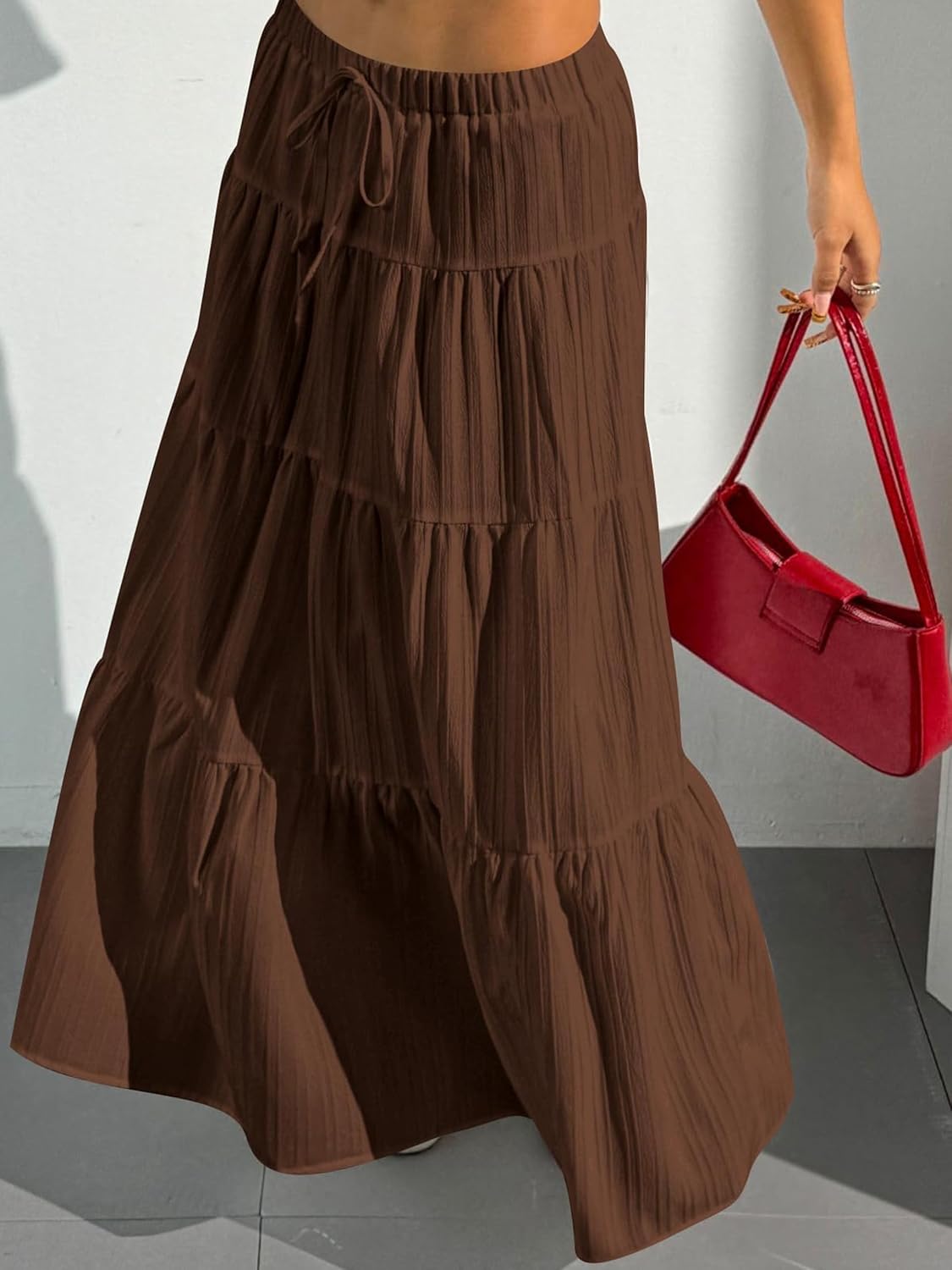DERAX Flowy Maxi Skirts Flared Ruffle Hem Elastic High Waisted A Line Long Skirts Brown 2XL - Image 3