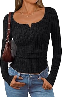 Long Sleeve Henley Fitted Shirts for Women Sweaters Fall Fashion Tops Dressy Casual Y2K Cute Clothes Outfits