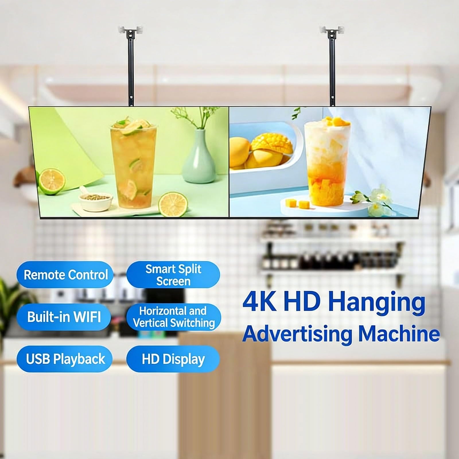 Odtwarzacz multimedialny montażu na ścianie, WiFi i inteligentny podzielony | Wyświetlacz LCD Digital Signage z ekranem reklamowym, cyfrowy odtwarzacz wideo w kiosku dla restauracji(50 inch)
