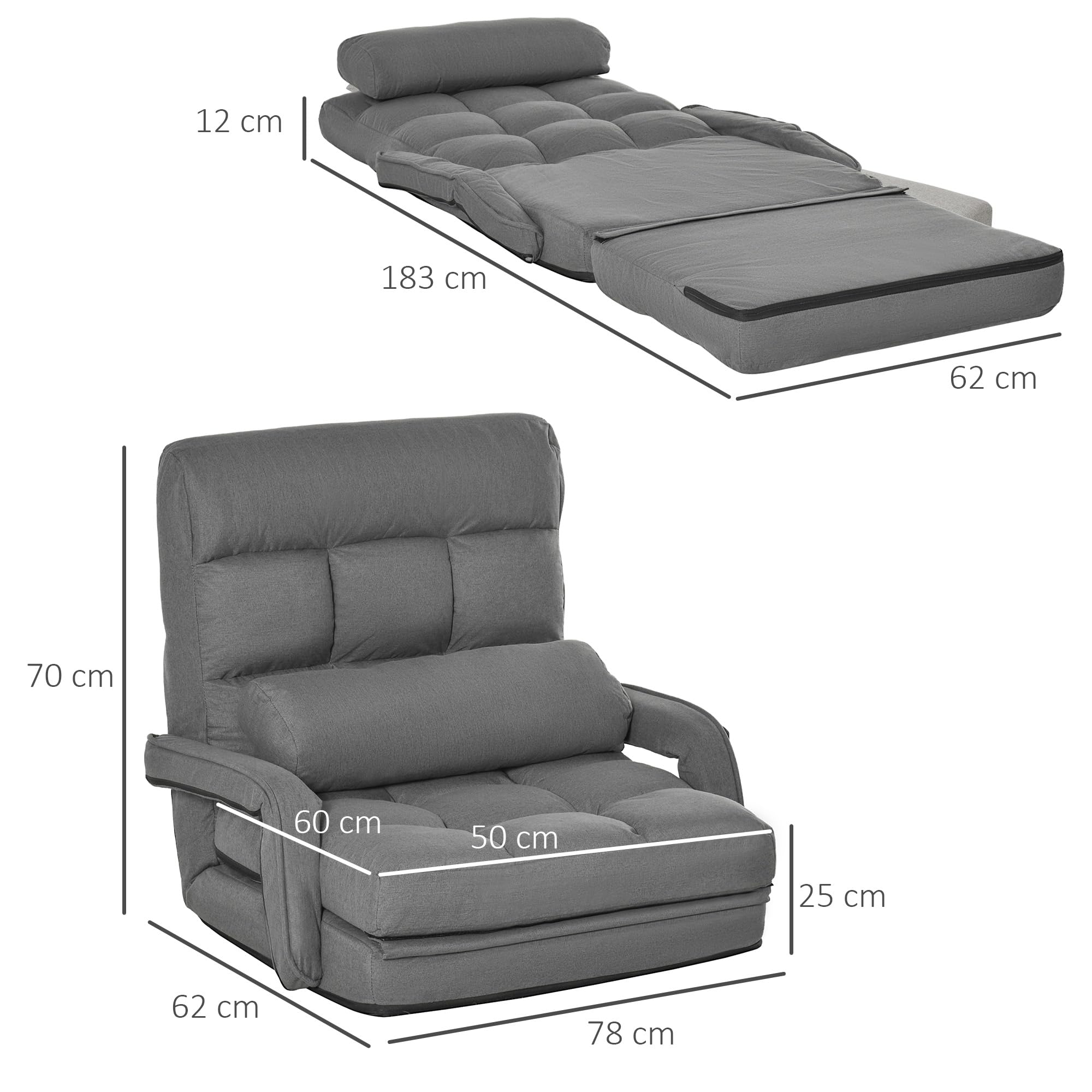 HOMCOM Bodenstuhl Bodensessel mit 5-Fach Verstellbarer Rückenlehne, Lendenkissen, Schlafsessel Bodensofa Gepolstert Lazy Sofa für Wohnzimmer Gaming & Lesen Dunkelgrau