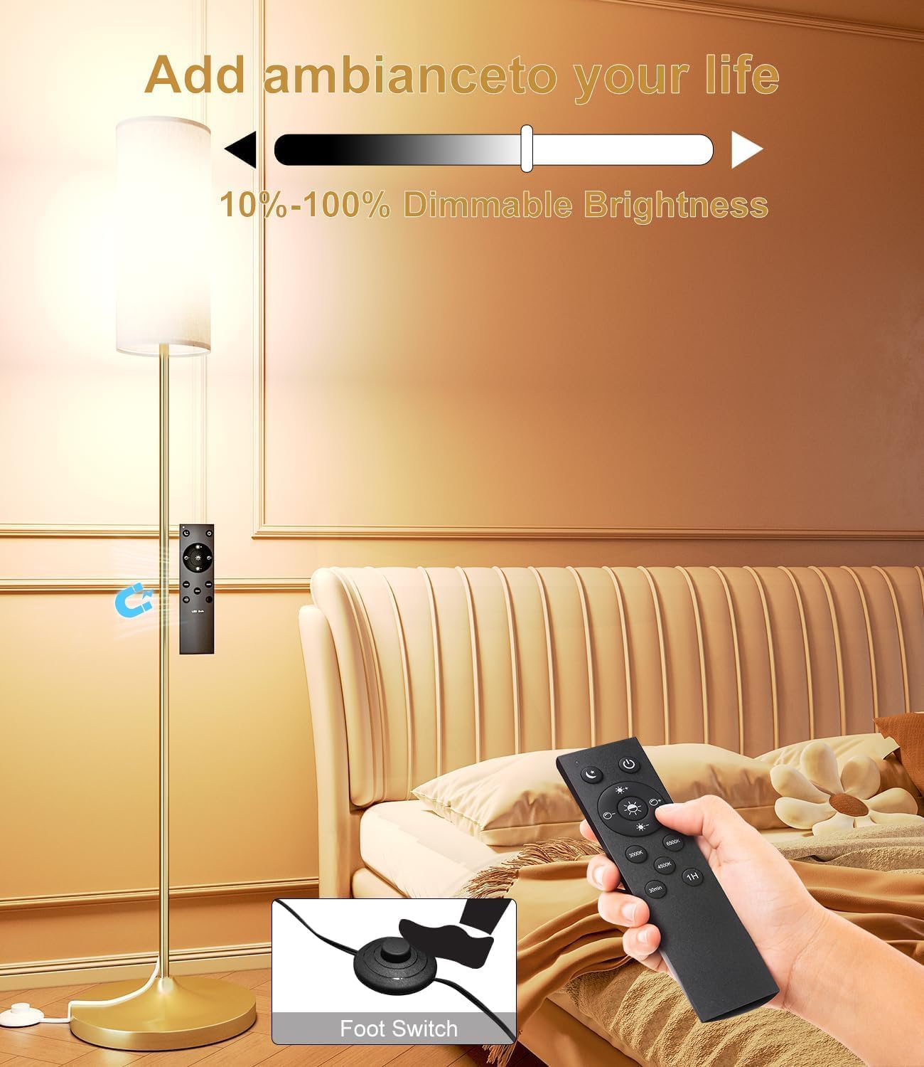 luckystyle LED Floor Lamp for Living Room, Dimmable Standing Lamps with Foot Switch,Remote Custom Color Temperature Gold Pole Lamp with Lampshade,12W Led Bulb Tall Lamps for... - Image 2