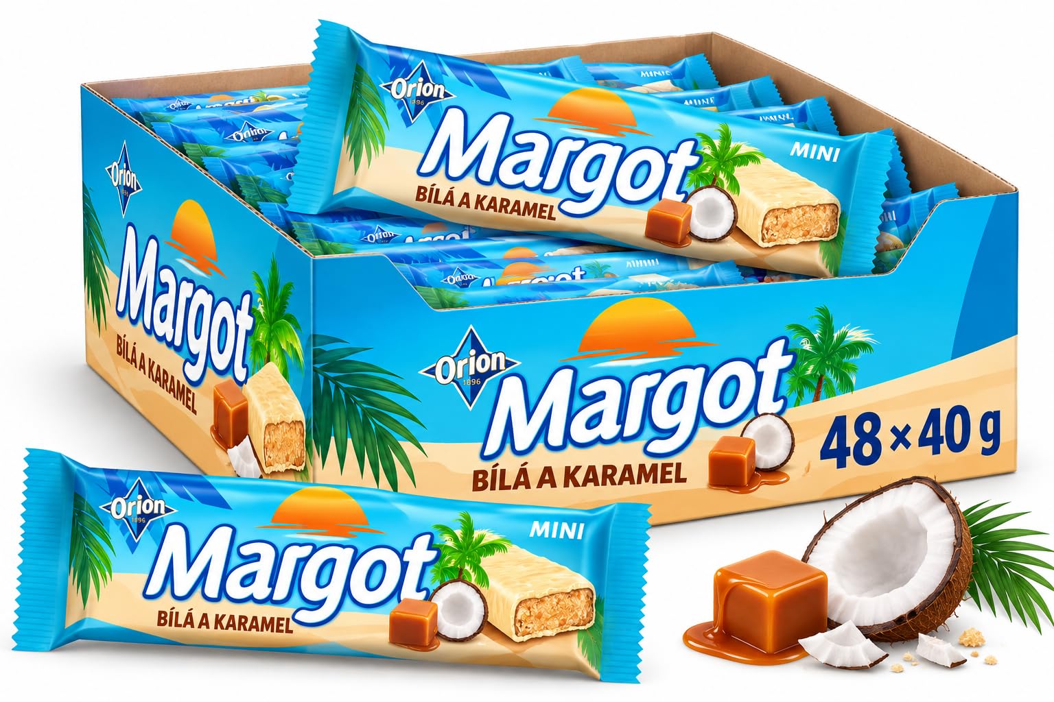 Orion Margot Mini, barrita de soja con cobertura blanca y trocitos de caramelo, 48 × 40 g