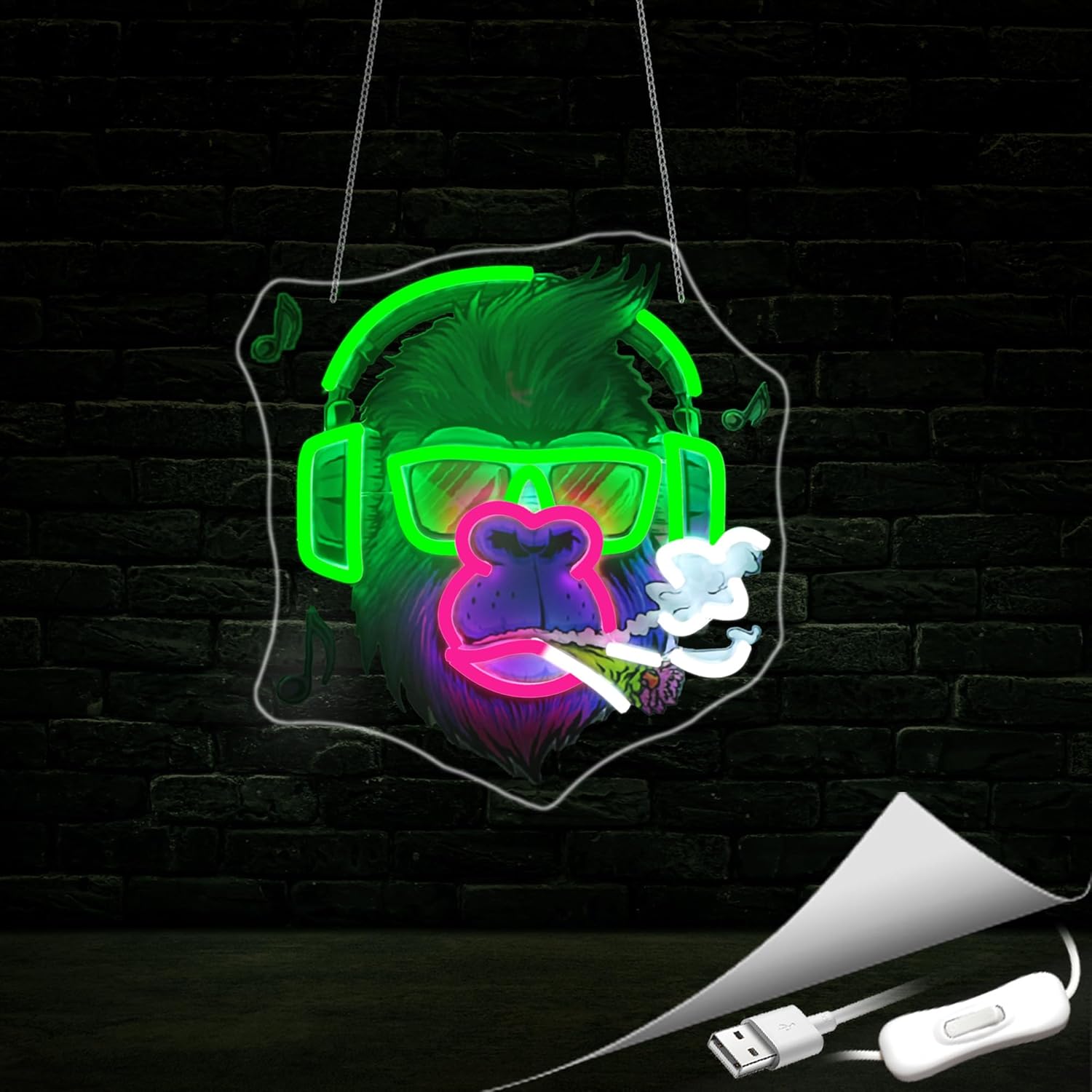Neon Sign, Gorilla Neon Signs for Wall Decor - Gorilla with Headphones LED Light for Game Room/Man Cave/Bar/Club - USB Powered Light Up Sign Decorations - Image 5