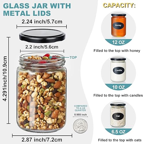 Miniatura 3 de Tarros de vidrio de 12 onzas con tapas, 20 tarros de velas vacías para hacer velas, tarros de conservas Mason para especias, mermelada, líquidos,