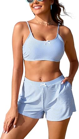 SHEKINI Womens Swimwear with Shorts Cute Striped Bikini Sets Two Piece Swimsuits