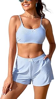 SHEKINI Women's Bikini Set High Waisted Bikini Shorts with Pockets Two Piece Swimsu…