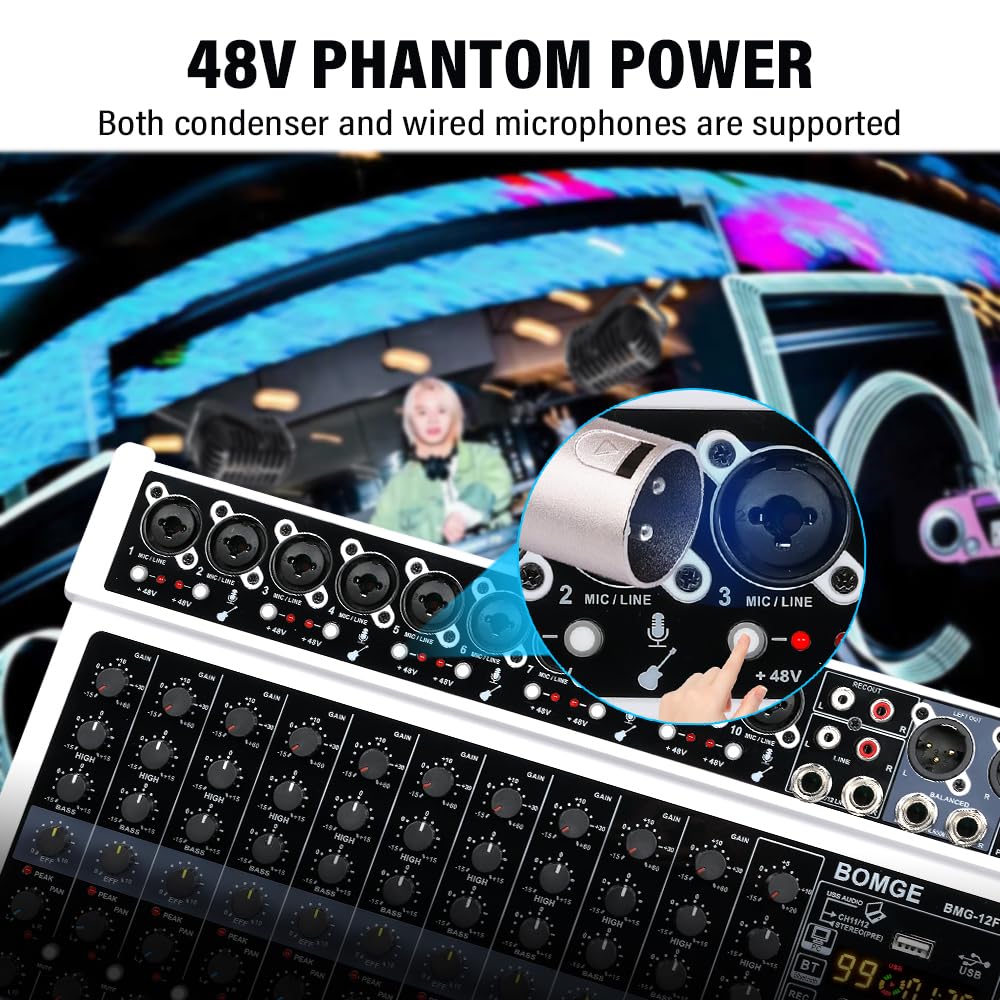 BOMGE Mixer Audio Professionale, 12 Canali, Bluetooth, USB, Alimentazione 48V, Ingressi XLR/RCA, Effetti DSP