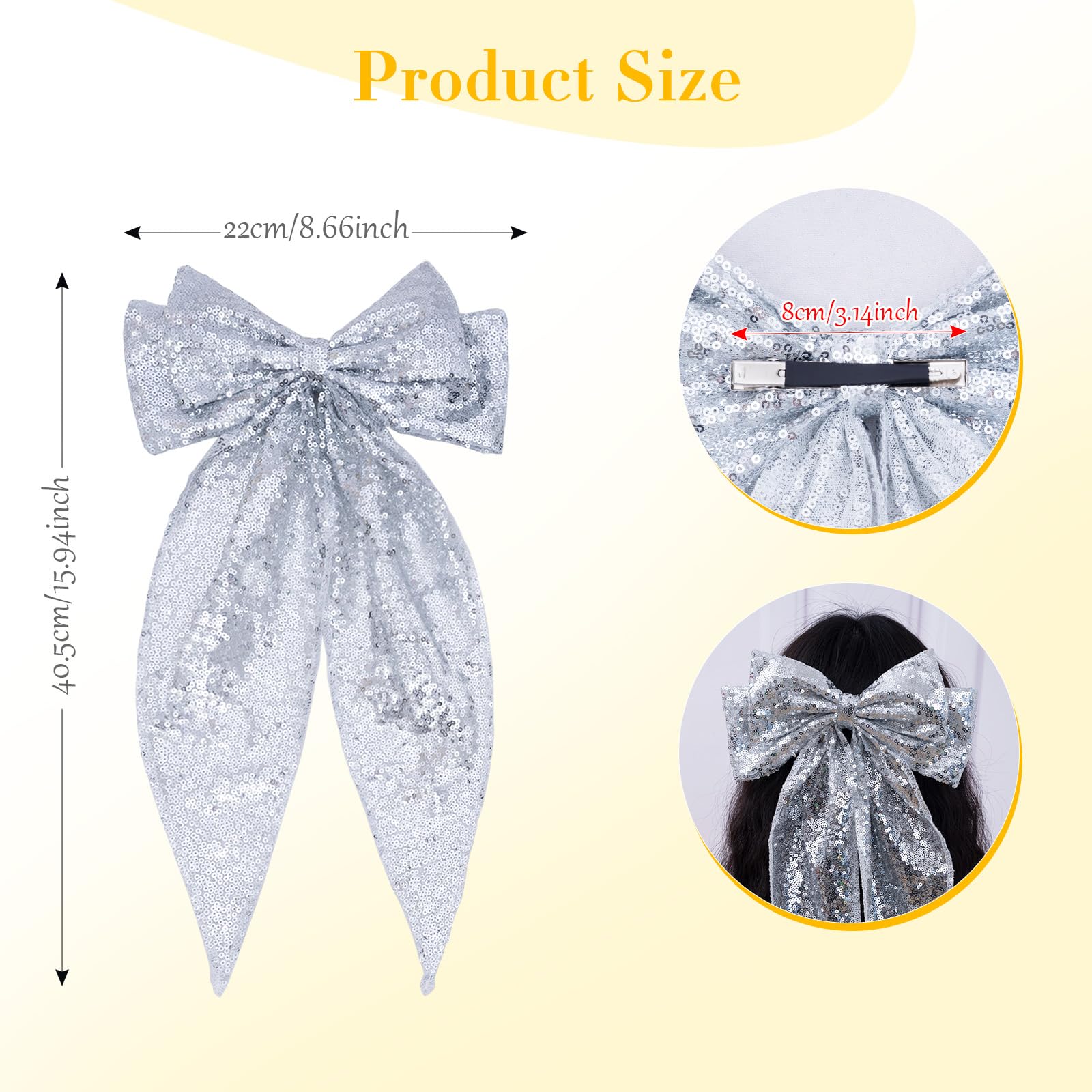 Eternal Beauty Sequin Bow Hair Clip Big Hairpin French Solid Color Barrette Soft air Bowknot Accessories for Women Girls 2Pcs (Silver and Black) - Image 4