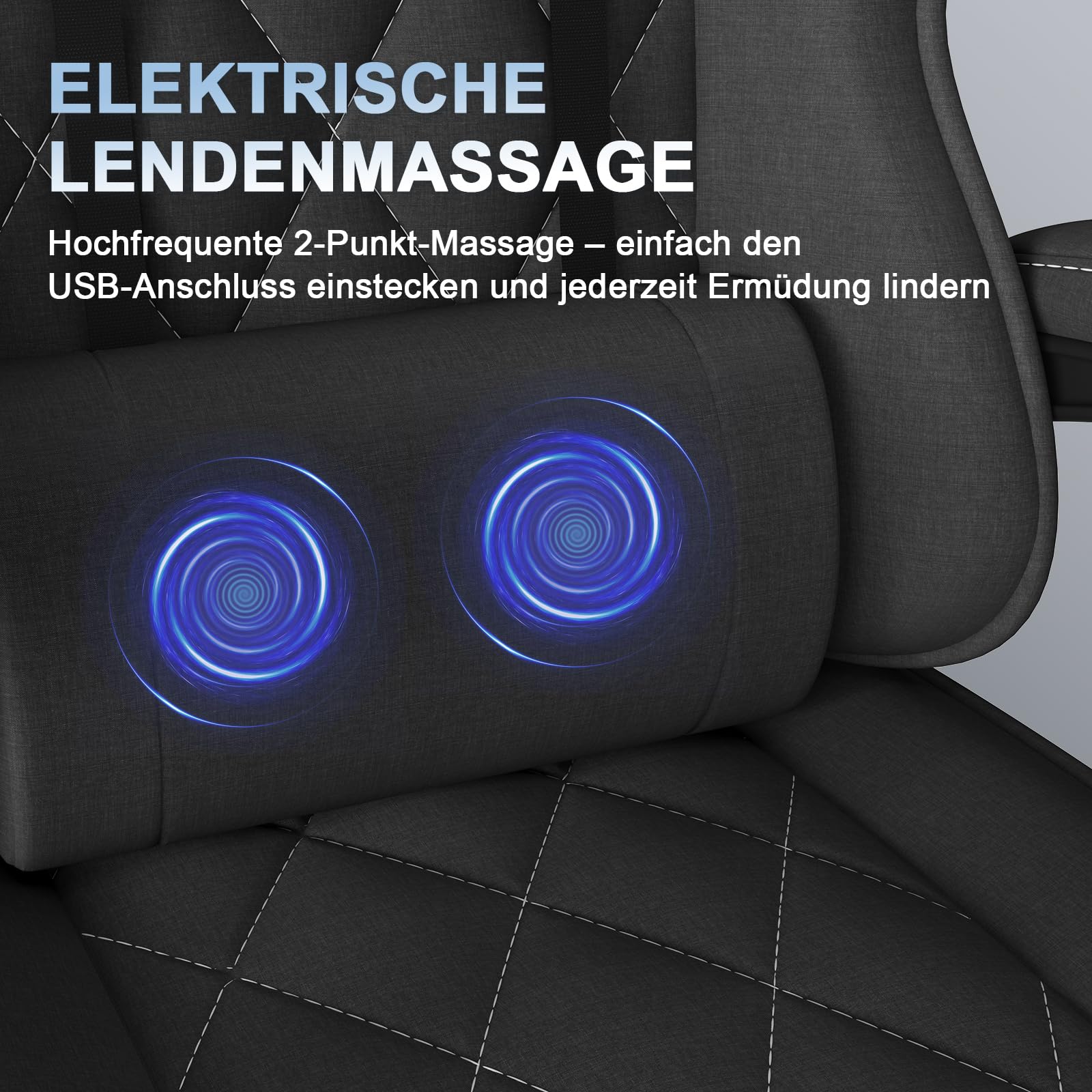Devoko Gaming Stuhl Stoff ergonomisch mit Massagefunktion und Fußstütze, Taschenfederkernpolster, 135° verstellbar, atmungsaktiv für Home Office oder Gaming Zimmer schwarz