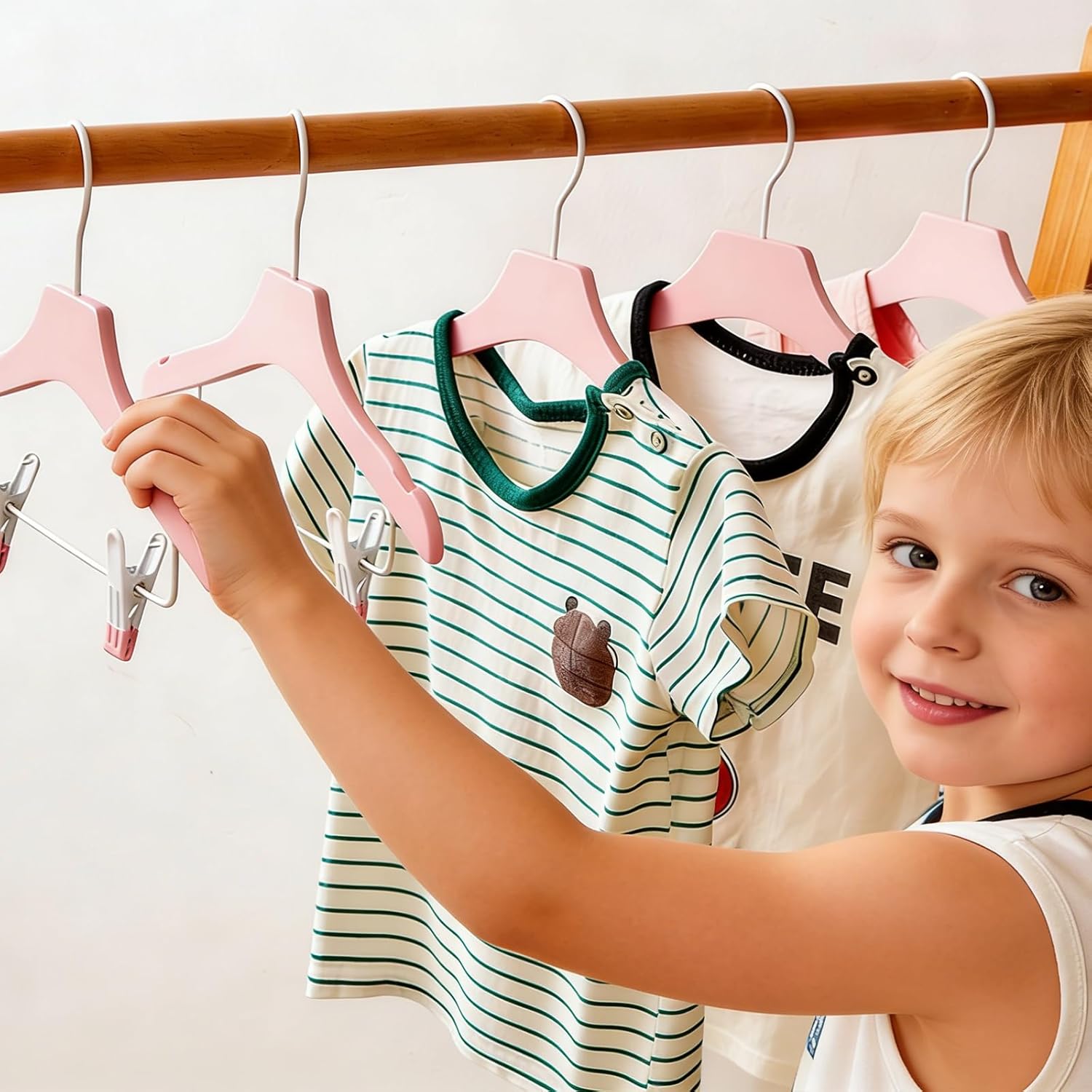 Pink 12.7" Ultra-Thin Wooden Children Closet Clothes Clips Hangers 20PCS Wood Baby Kids Coat Hangers for Infant Toddler Newborn Jumpsuit Pants Skirts Jeans Space Saving Heavy Duty Durable