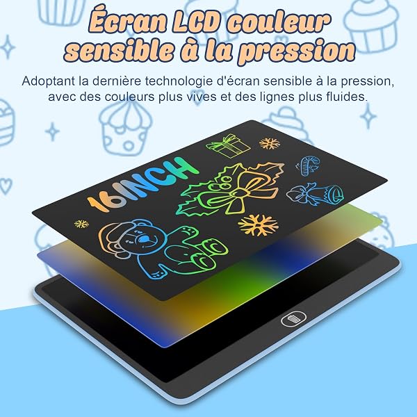 16 Pouces Tablette d'écriture LCD Colorée, [Plus Lumineuse] Electight Enfants Tablettes Graphiques, Enfants Cadeau Jouet Educatif, Anniversaire, électronique Memo Écriture Board - Bleu - 2