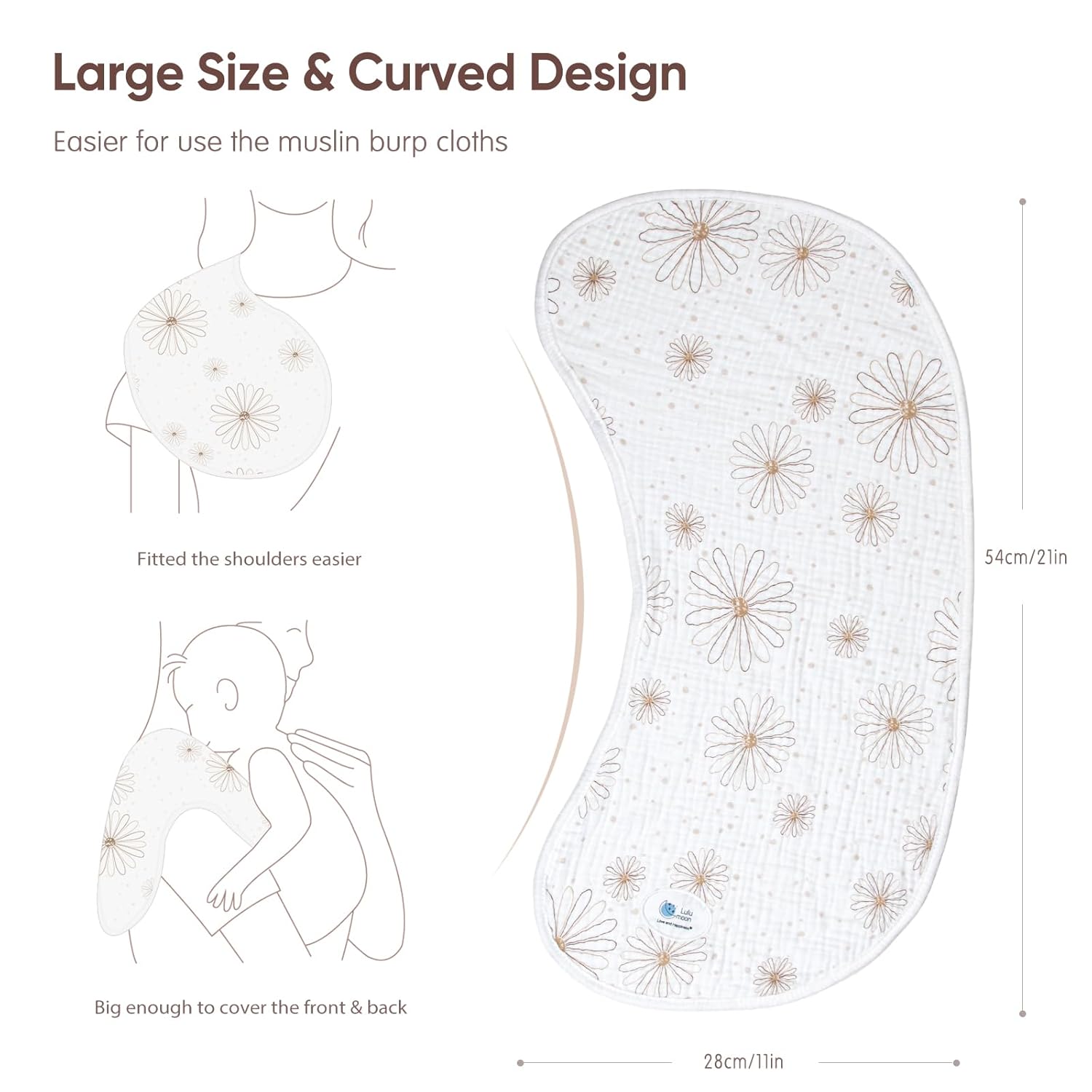 lulumoon Muslin Burp Cloths for Babies: 100% Soft Cotton Large Burping Cloths - Neutral Baby Burp Rags for Boy and Girl - Absorbent Burp Cloth for Spit-Ups 4 Pack - Image 2