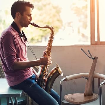 Saxophone Stand, Saxophone Stand for Alto and Tenor, Walnut Hardwood Alto Sax Stand with Soft Silicone Yokes, Handcrafted Wooden Tenor Saxophone Holder for Home Studio Display