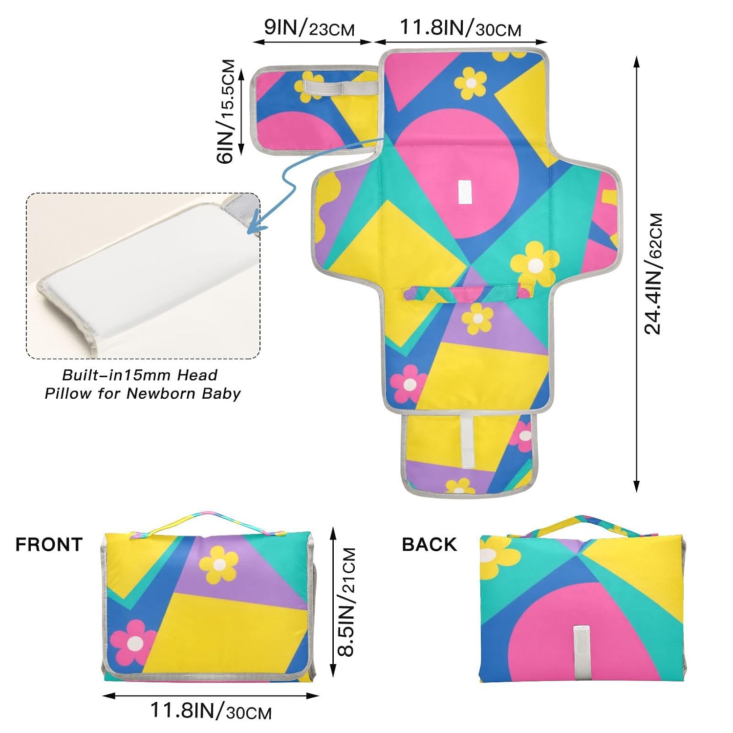 Colorful Geometric Shapes Yellow Flowers Reusable Changing pad Covers with Tissue Pocket Portable Baby Changing pad with Built-in Pillow cambiador de pa?ales para Bebes