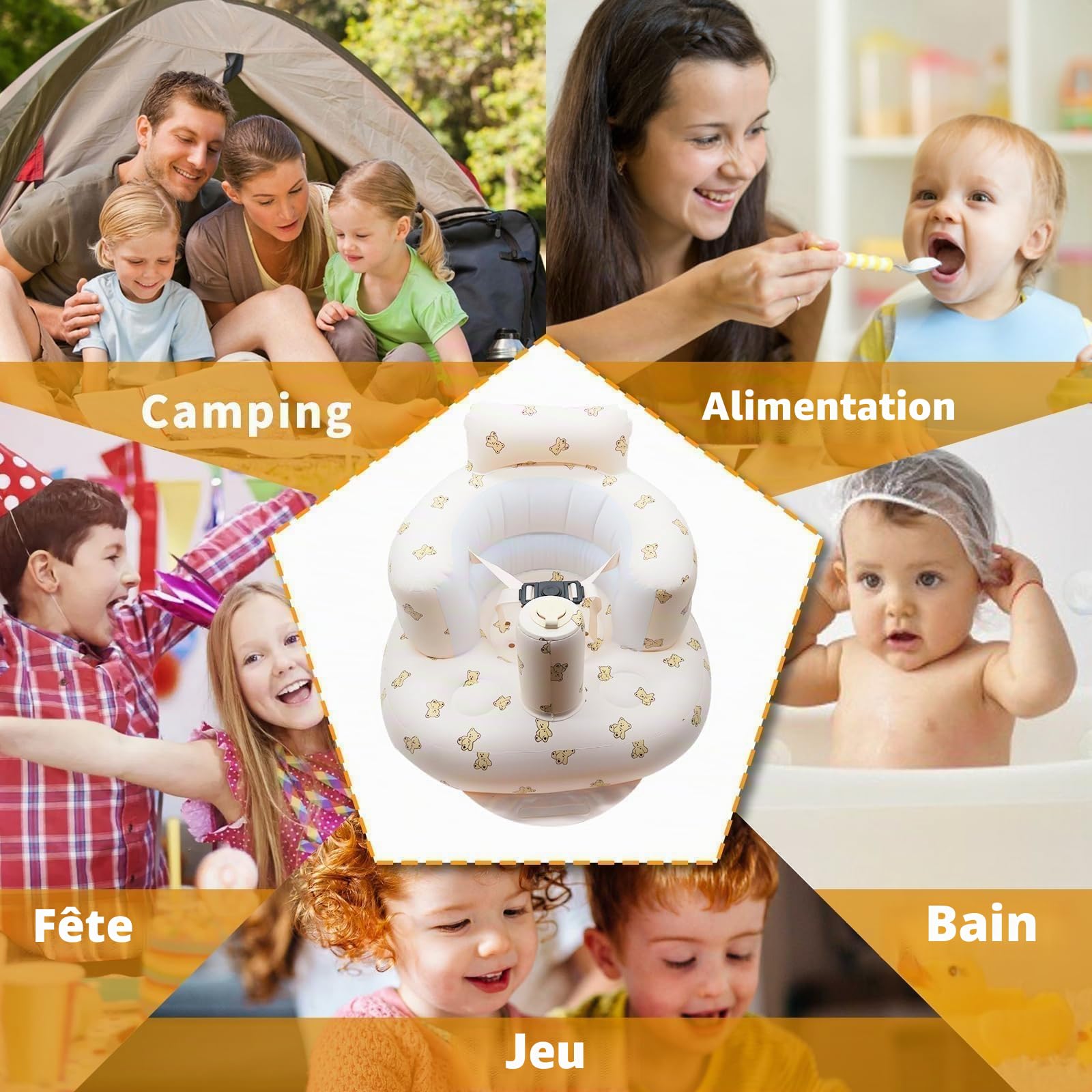Siège Gonflable Pour Bébé de 3 Mois Plus, Chaise Gonflable Bebe avec Ceinture de Sécurité, Dispositif d'assistance à la Siège Pour Tout-petits Pliable, avec Pompe Intégrée (Ours)