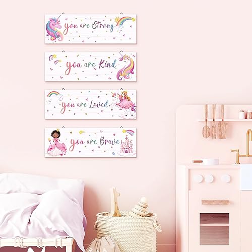 Miniatura 2 de decalmile 4 piezas de unicornio princesa castillo arco iris motivacionales carteles de madera colgantes placa de pared You Are Kind Braved citas