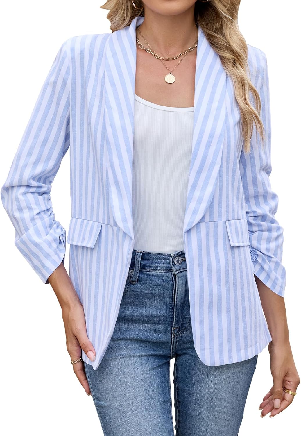 Womens 3/4 Sleeve Blazers Lightweight Open Front Striped Cardigan Jacket Office Work Suits with Shoulder Pads - Image 2
