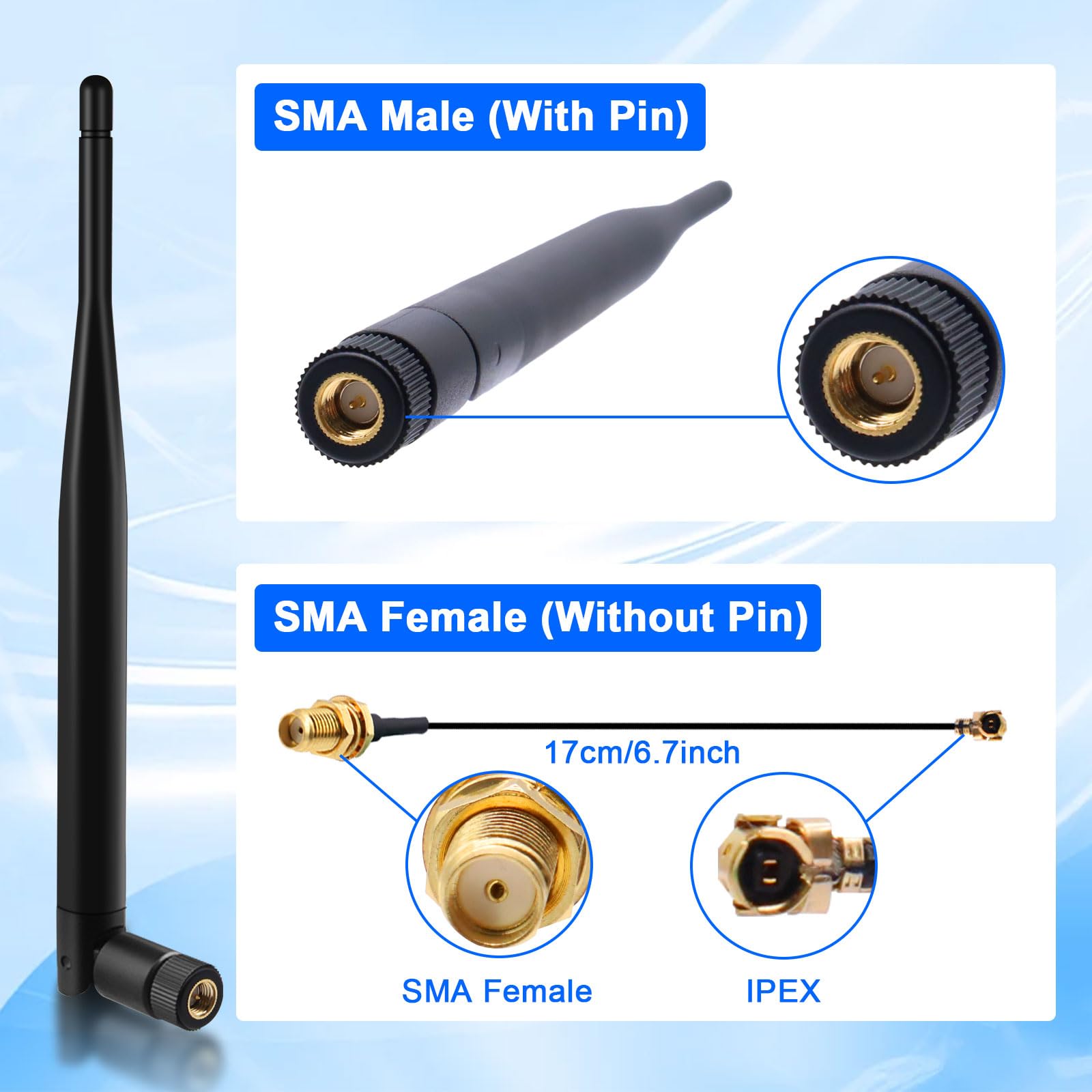 Antenna LoRa 868 MHz 5 dBi SMA maschio 195 mm + cavo femmina IPEX per tastiera mesh, ESP32 OLED, HTCC-AB02S, 50 Ω, VSWR < 1,5 (5 pezzi)