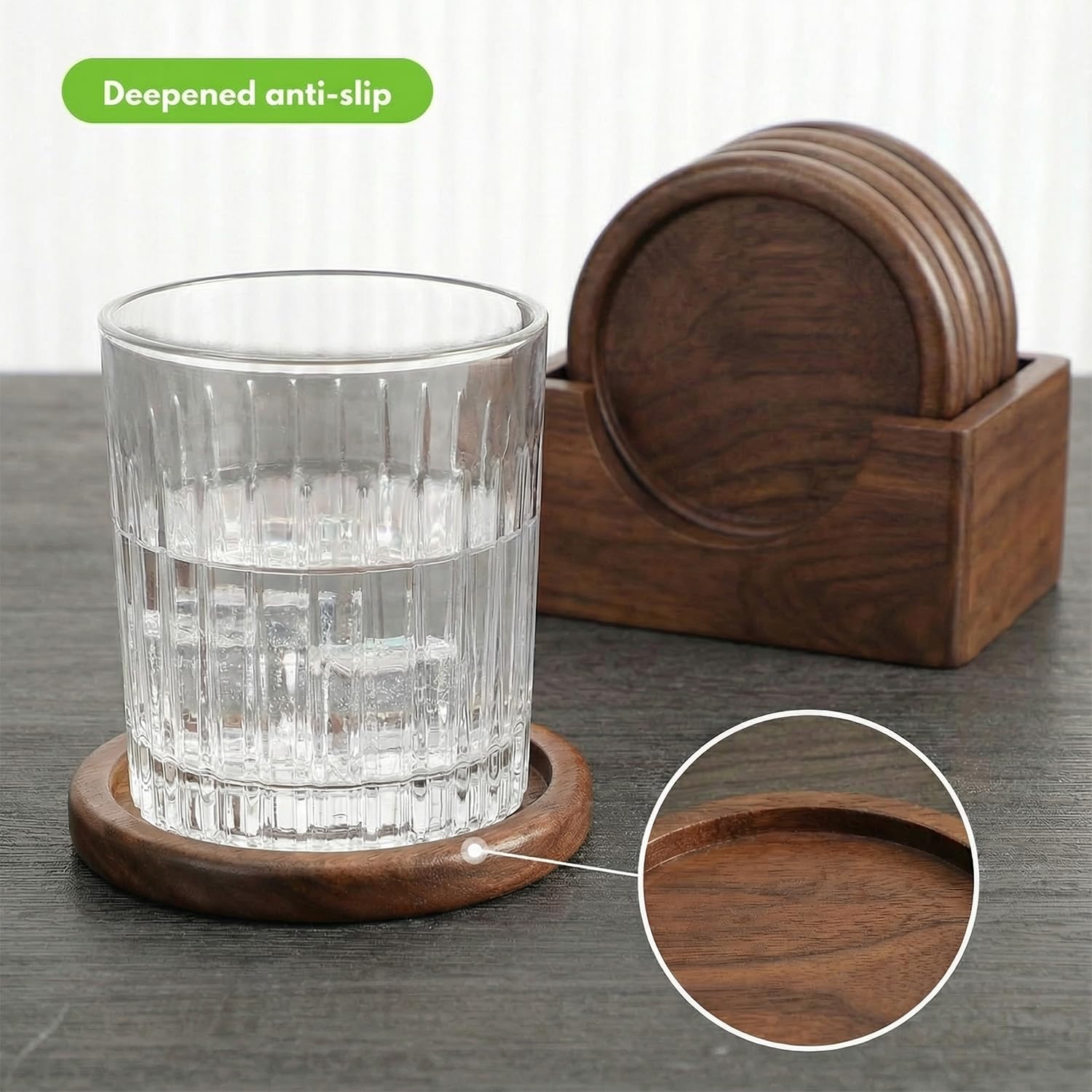Posavasos de Madera de Nogal, Set de 6, 10 cm, Soporte Incluido para Vasos de Whisky, Copa y Tazas